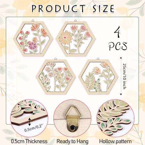 HOURIA 4 PCS Boho Flower Wall ArtWatercolor Wildflower Wooden Wall Hanging Decor for Living Room810 Inches Pink Beige Aesthetic Wood Wall HangingBotanical Floral Wall Art for Apartment Bedroom - Image 3