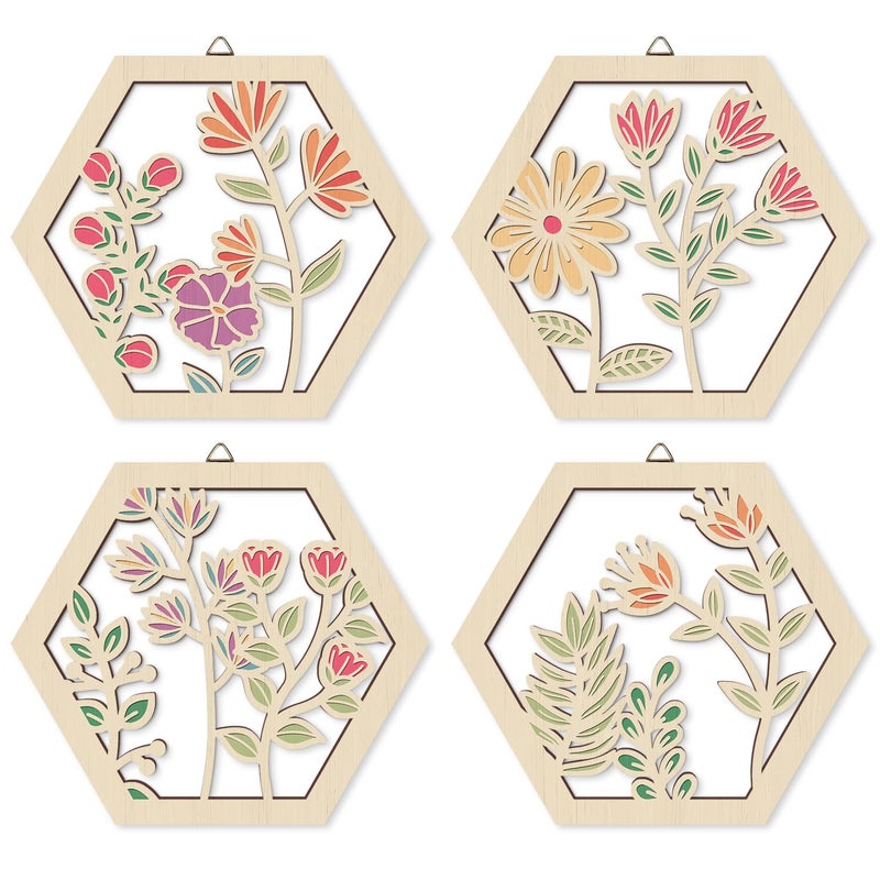 HOURIA 4 PCS Boho Flower Wall ArtWatercolor Wildflower Wooden Wall Hanging Decor for Living Room810 Inches Pink Beige Aesthetic Wood Wall HangingBotanical Floral Wall Art for Apartment Bedroom - Image 2
