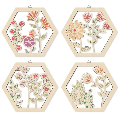 HOURIA 4 PCS Boho Flower Wall ArtWatercolor Wildflower Wooden Wall Hanging Decor for Living Room810 Inches Pink Beige Aesthetic Wood Wall HangingBotanical Floral Wall Art for Apartment Bedroom - Image 1