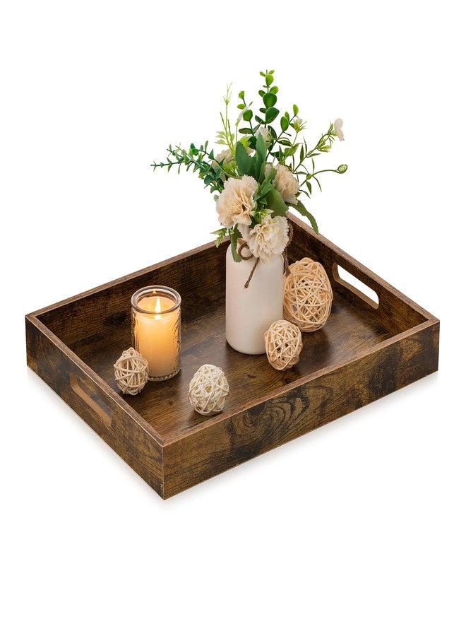Hanobe Brown Decorative Serving Trays: Rustic Brown Rectangle Tray Decor with Cutout Handles for Coffee Table Ottoman Living Room Kitchen Home Decor - Image 1