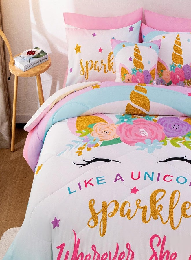 Keyroal 8Pcs Full Comforter Set with Sheet,Unicorn Flower Bedding Set for Kids,Pink Rainbow Bed in a Bag Bedding for Girls-Sparkle Unicorn - Image 2