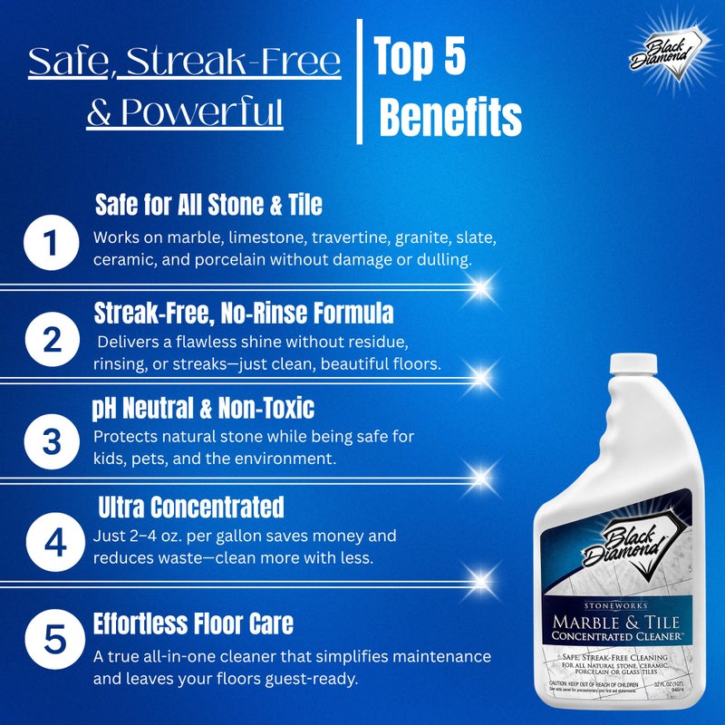 Black Diamond Stoneworks MARBLE & TILE FLOOR CLEANER. Great for Ceramic, Porcelain, Granite, Natural Stone, Vinyl and Brick. No-rinse Concentrate. (1-Quart) - Image 2