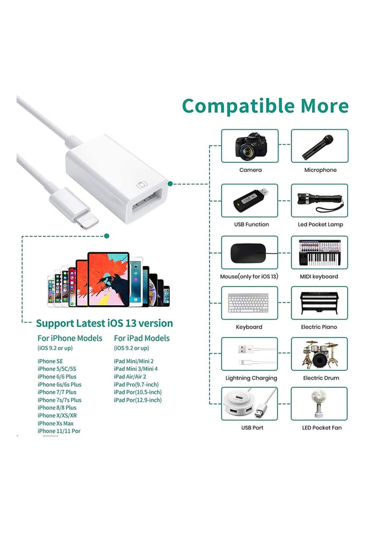XICEN - USB Camera OTG Adapter with Charging Port, Lightning Male to USB Female Adapter for iPhone/ iPad /Card Reader/ USB Flash Drive/ Keyboard/ Mouse Plug and Play - Image 1