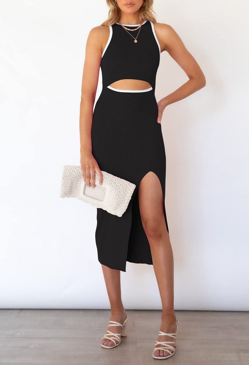 Pink Queen Women's Sleeveless Bodycon Dresses Crew Neck Cutout Side Slit Club Knit Midi Dresses Black S - Image 2
