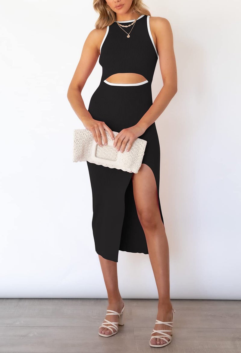 Pink Queen Women's Sleeveless Bodycon Dresses Crew Neck Cutout Side Slit Club Knit Midi Dresses Black S - Image 3