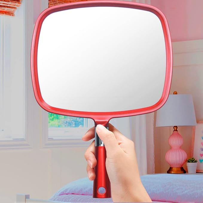 MIRRORVANA Large Hand Mirror with Comfy Handle Big Handheld Mirror for Barber Shops Hairdressing Dental Offices Home Self Hair Cutting and Make Up Application Sparkling Red