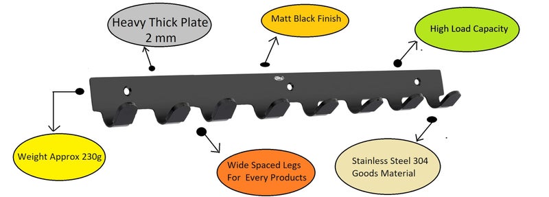 Chitra 8 Pin Curve Stainless Steel Wall Hooks for Hanging Cloth and Towel Hangers for Wall Hook,Door Hangers,Hook Rail (Pack of 2,Black Matt Finish) - Image 4