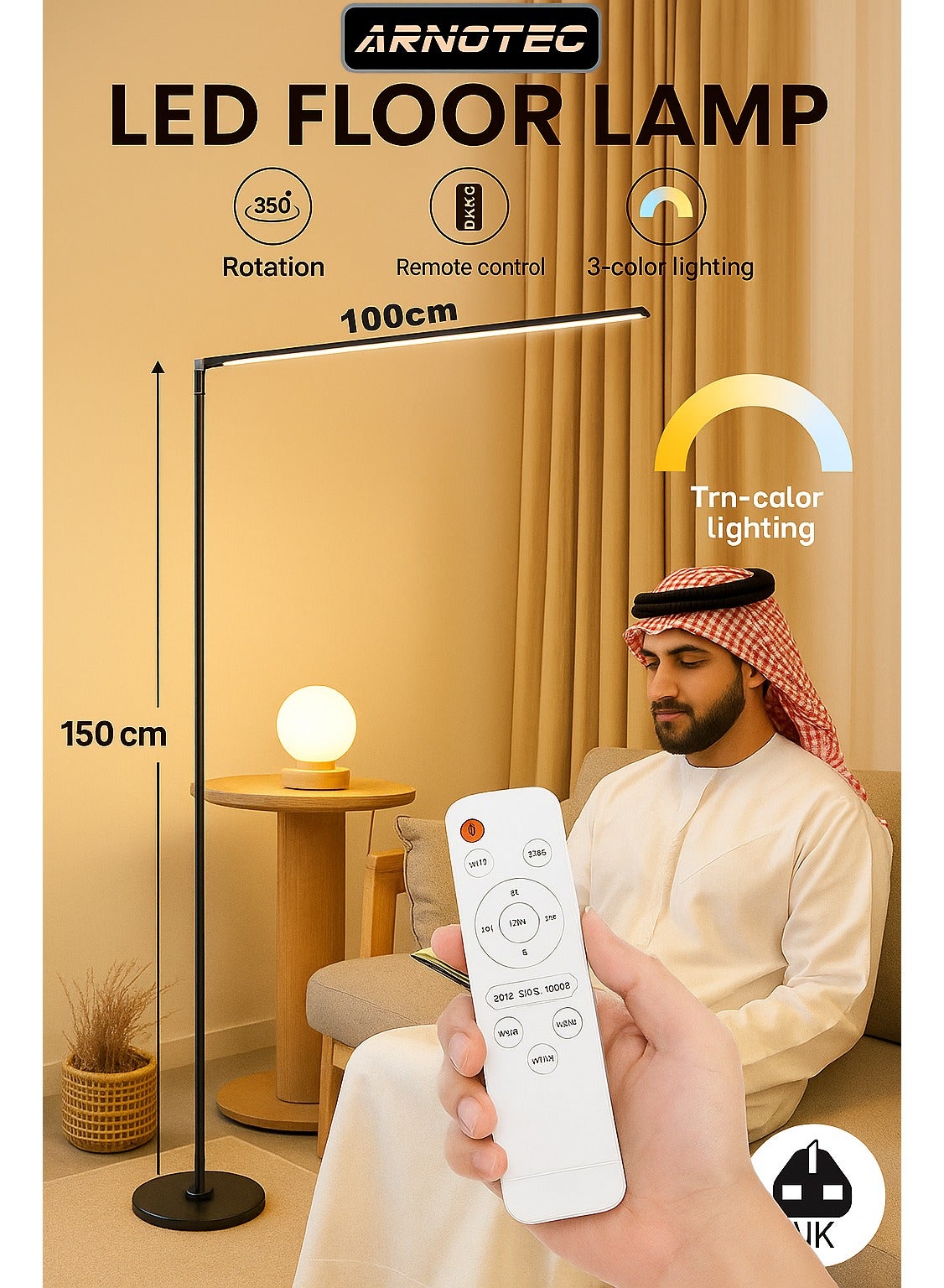 Modern Minimalist LED Floor Lamp 150cm | 24W Eye-Care Standing Lamp | 350° Adjustable Head | 3 Color Dimmable Light with Remote Control | Living Room, Bedroom, Study