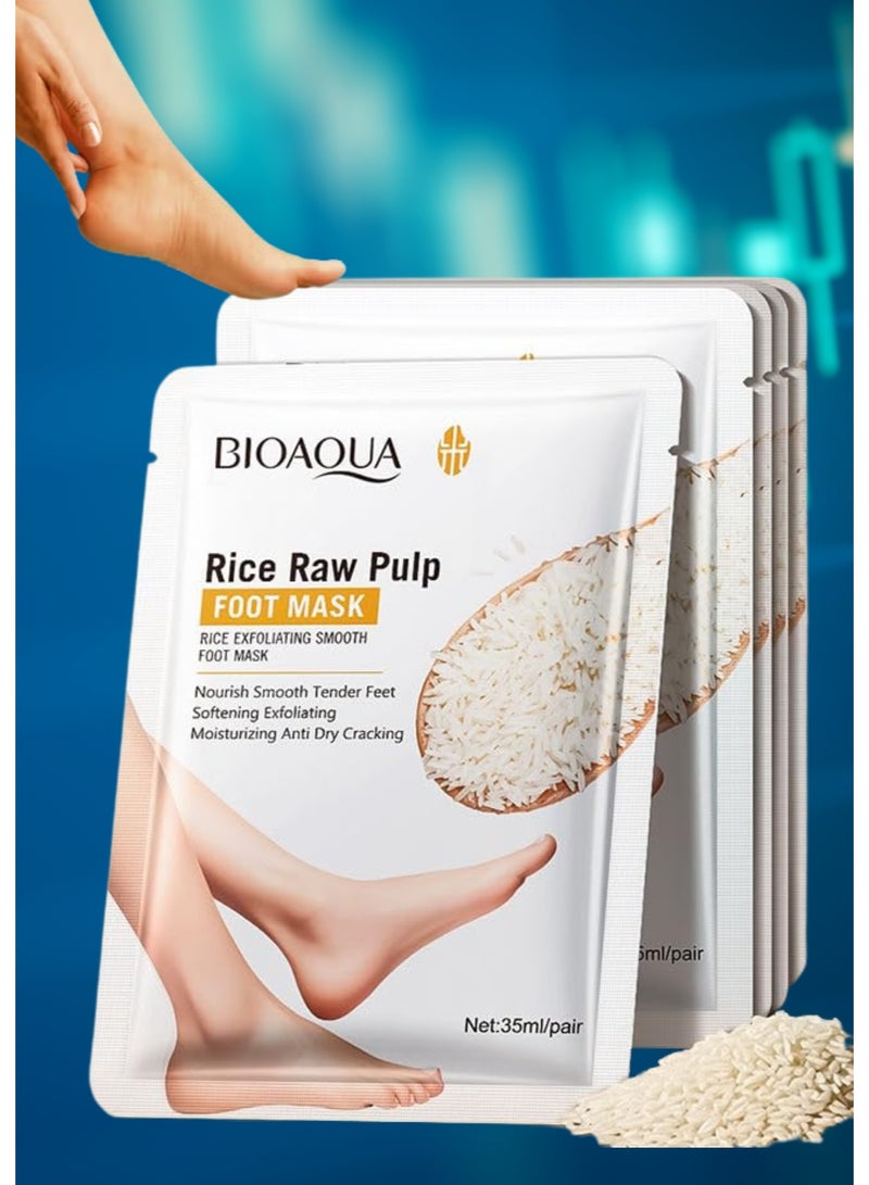 BIOAQUA 5Pcs Rice Raw Pulp Foot Mask Nourishing Foot Mask to Remove Dead Skin Moisturizing Treatment for Dry Rough and Cracked Heels Soft Smooth Feet Rice Exfoliating Foot Mask Smooth Whitening Foot Mask - Image 1