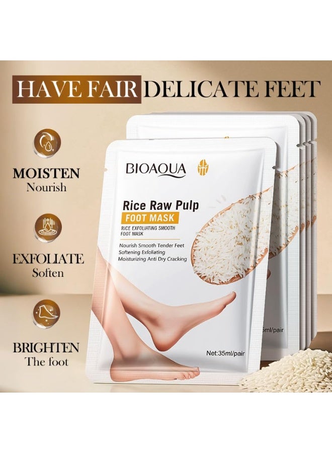 BIOAQUA 5Pcs Rice Raw Pulp Foot Mask Nourishing Foot Mask to Remove Dead Skin Moisturizing Treatment for Dry Rough and Cracked Heels Soft Smooth Feet Rice Exfoliating Foot Mask Smooth Whitening Foot Mask - Image 3