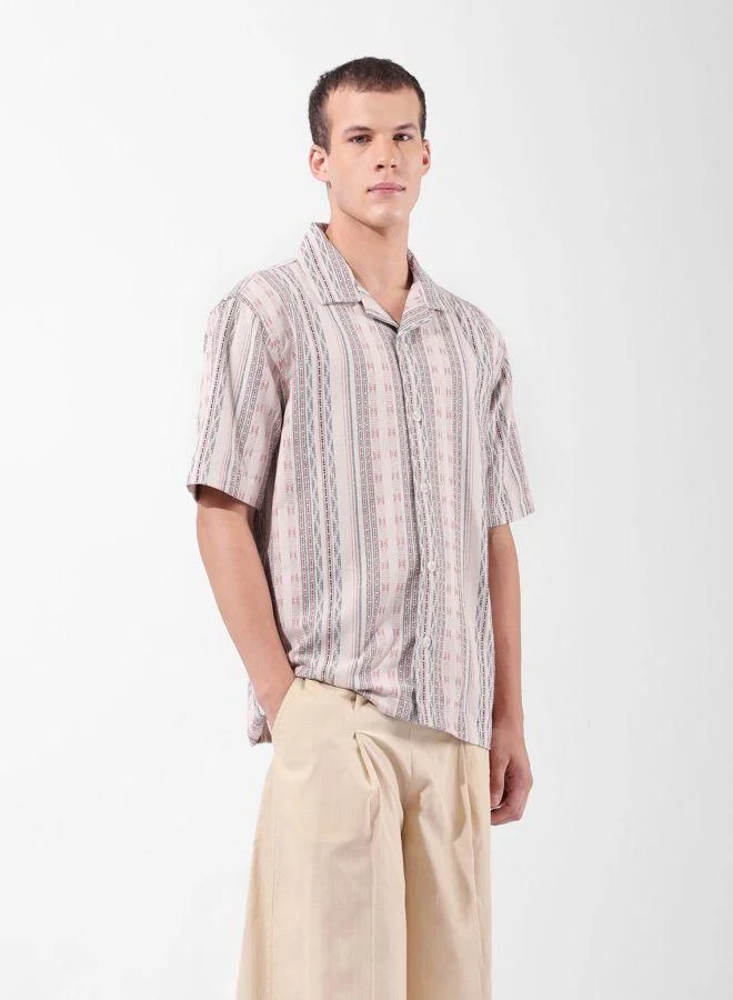 The Indian Garage Co Men Relaxed Fit Striped Cuban Collar Half Sleeves Shirt