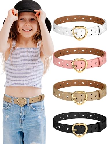 Newcotte 4 Pcs Girls Belt Size Aged 3-12 Kids PU Leather Waist Hollow Heart Design Kids Belts for Dress Pants Jean(Suit for Waist Size 18"-22",Colorful) - Image 1