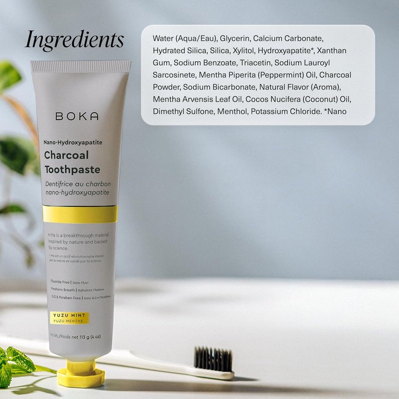 BOKA Charcoal Toothpaste - Nano Hydroxyapatite, Fluoride Free, Remineralizing, Sensitive Teeth, Whitening - Dentist Recommended for Adult, Kids - Yuzu Mint Flavor, 4oz 1Pk - US Manufactured - Image 5