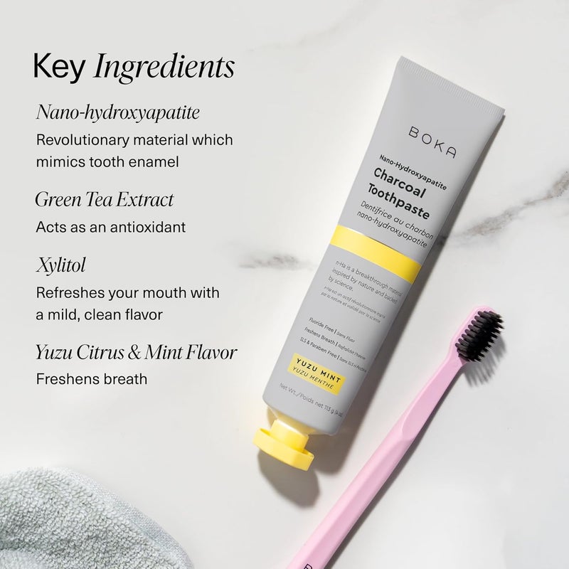 BOKA Charcoal Toothpaste - Nano Hydroxyapatite, Fluoride Free, Remineralizing, Sensitive Teeth, Whitening - Dentist Recommended for Adult, Kids - Yuzu Mint Flavor, 4oz 1Pk - US Manufactured - Image 4