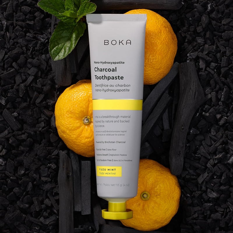 BOKA Charcoal Toothpaste - Nano Hydroxyapatite, Fluoride Free, Remineralizing, Sensitive Teeth, Whitening - Dentist Recommended for Adult, Kids - Yuzu Mint Flavor, 4oz 1Pk - US Manufactured - Image 1