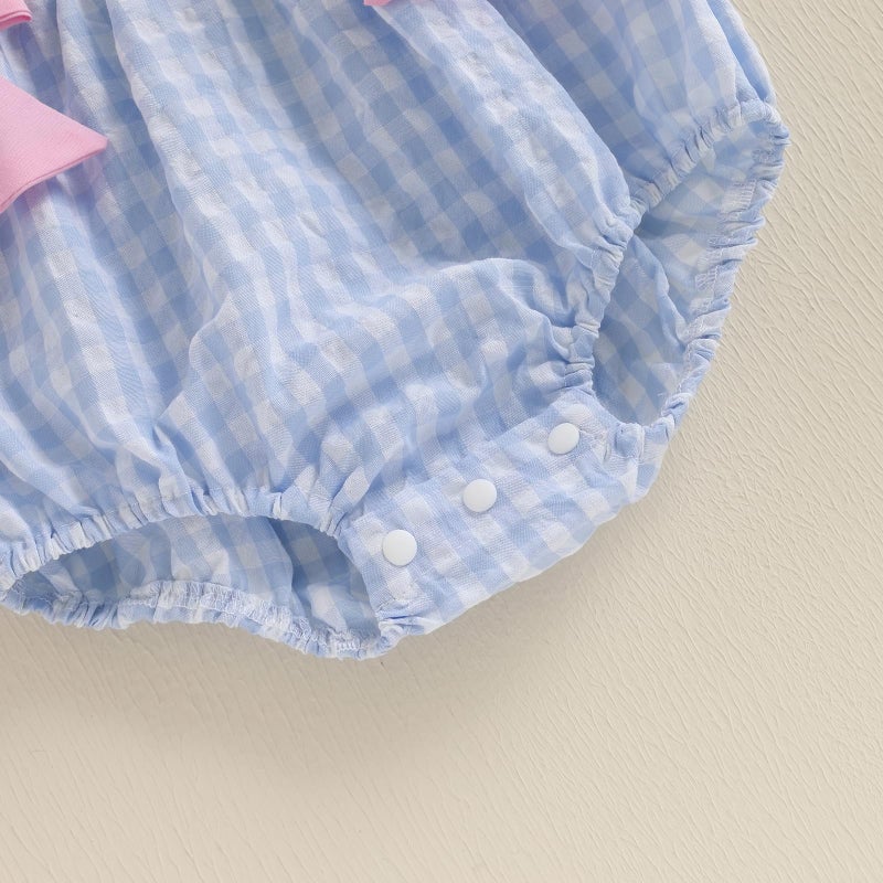 Socutebabe My First Easter Baby Girl Outfit Infant Plaid Bubble Romper Easter Bunny Embroidery Jumpsuit Cute Spring Clothes (a-bunny-Blue, 0-3 Months) - Image 5