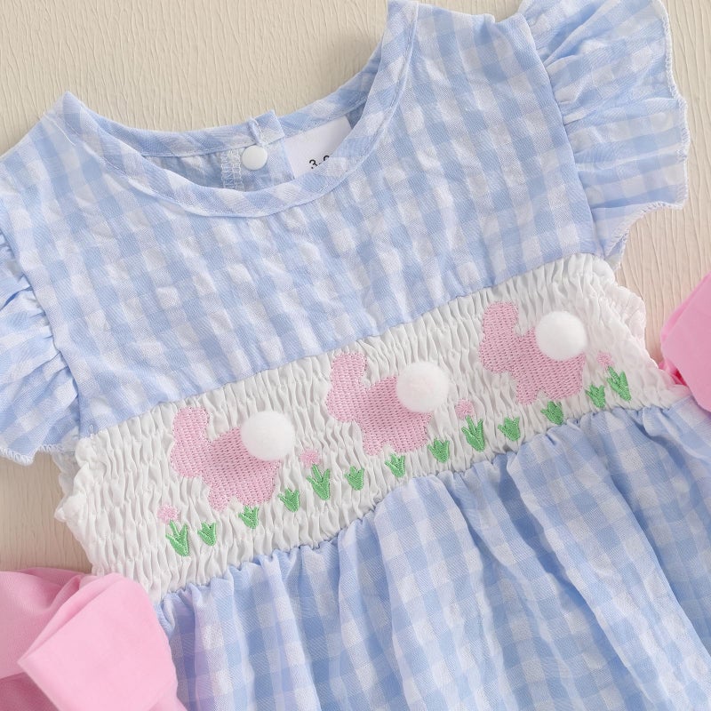 Socutebabe My First Easter Baby Girl Outfit Infant Plaid Bubble Romper Easter Bunny Embroidery Jumpsuit Cute Spring Clothes (a-bunny-Blue, 0-3 Months) - Image 3