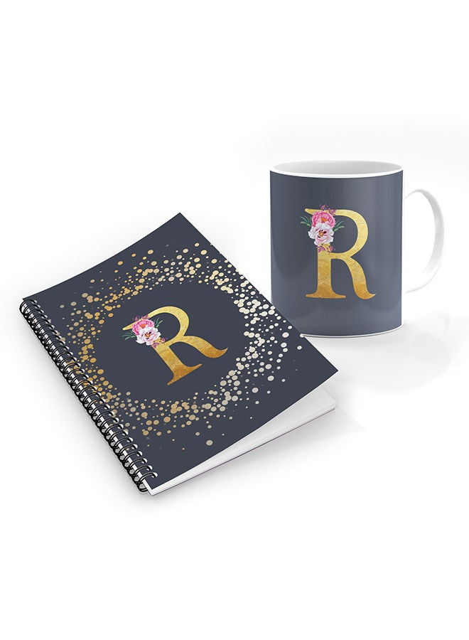 Stylizedd Designer Printed Coffee Mug + A5 Spiral Notebook Memo Notepad Journal Personalised Combo Gift Set  - Custom Monogram Initial Letter Floral Pattern Alphabet - R  (Grey )