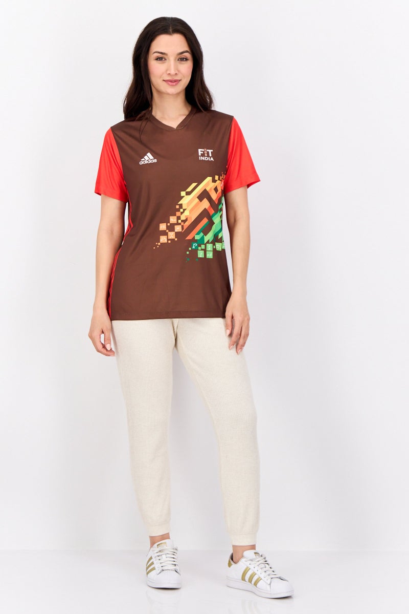 Adidas Women Sportswear Fit Short Sleeve Fit India Odisha Football Jersey, Brown - Image 4