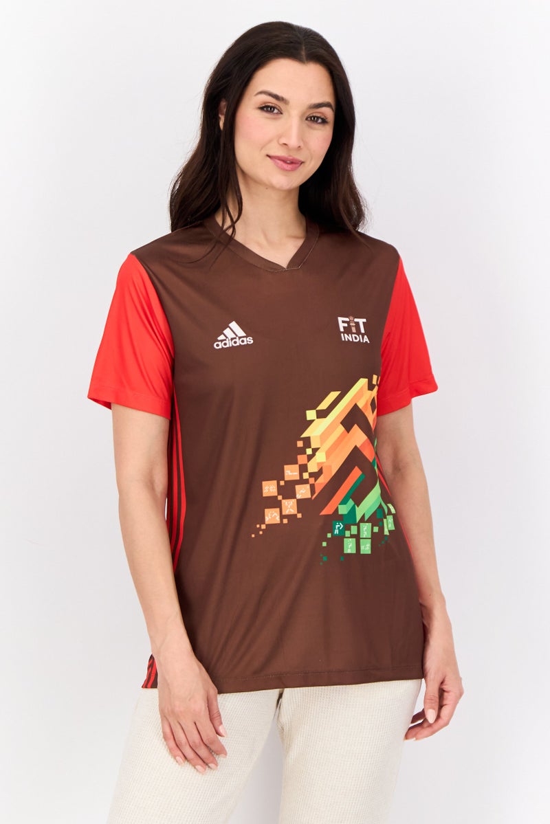 Adidas Women Sportswear Fit Short Sleeve Fit India Odisha Football Jersey, Brown - Image 1