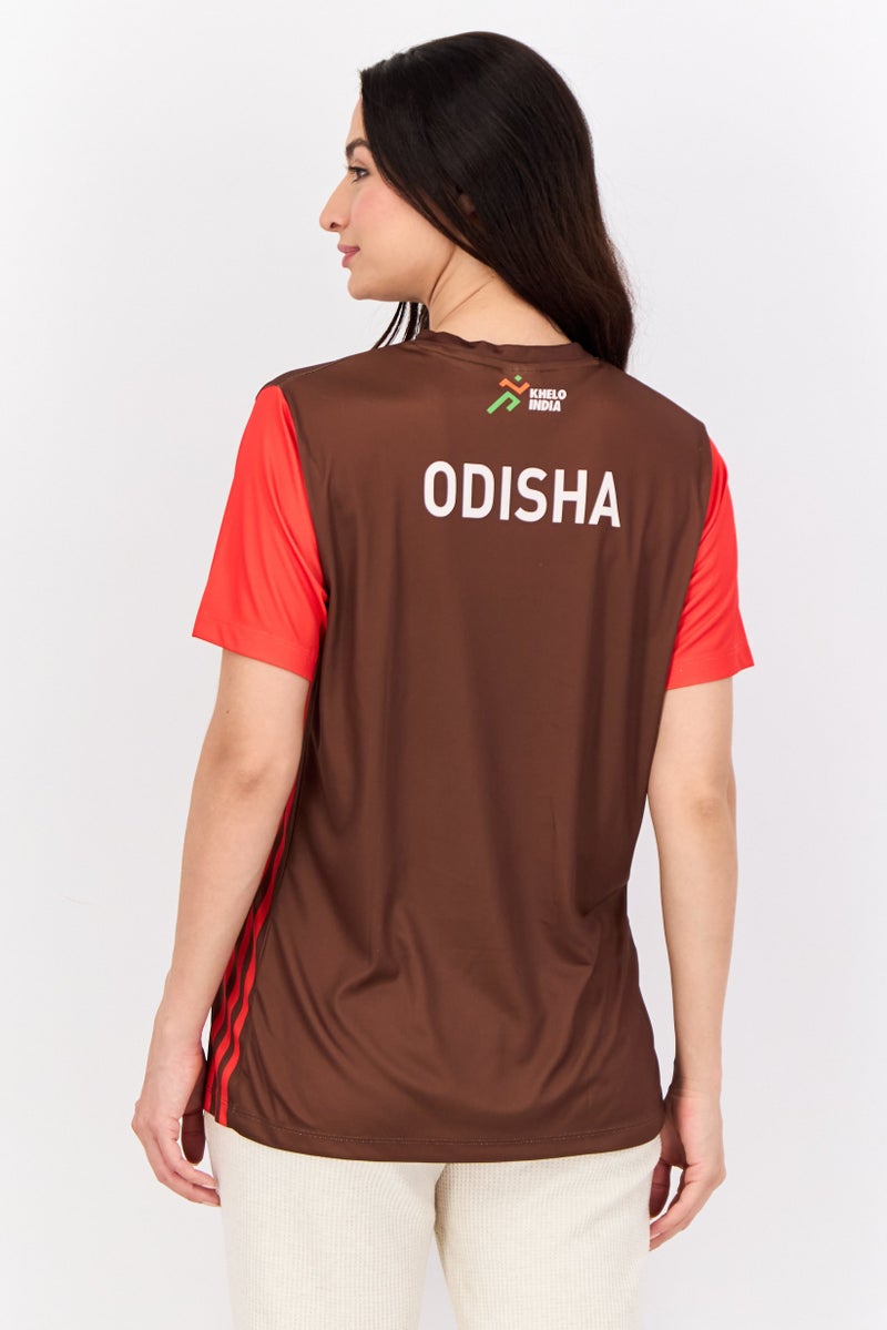 Adidas Women Sportswear Fit Short Sleeve Fit India Odisha Football Jersey, Brown - Image 3