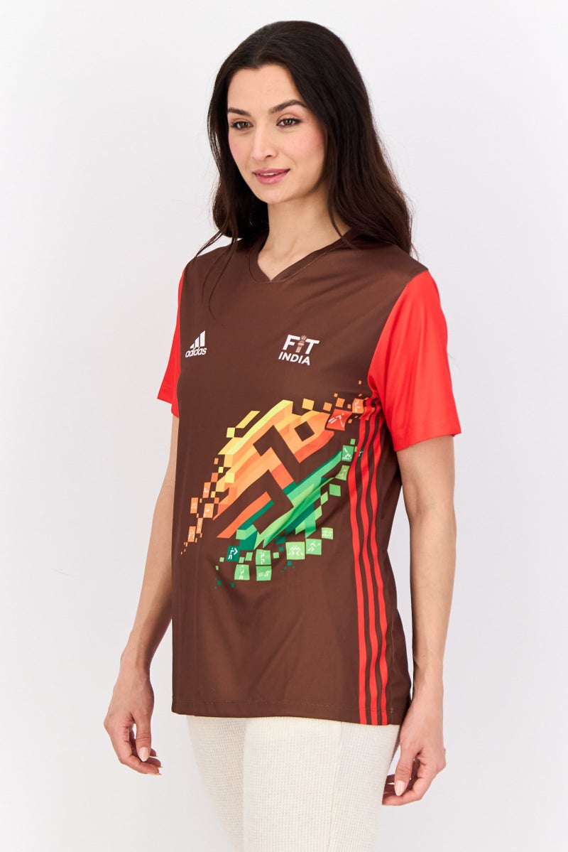 Adidas Women Sportswear Fit Short Sleeve Fit India Odisha Football Jersey, Brown - Image 2