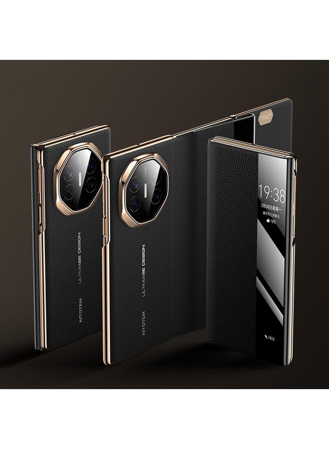 اس-توب جراب لهاتف Huawei Mate XT بتصميم Ultimate Window View مصنوع من الجلد الطبيعي المطلي بالكهرباء - Image 1