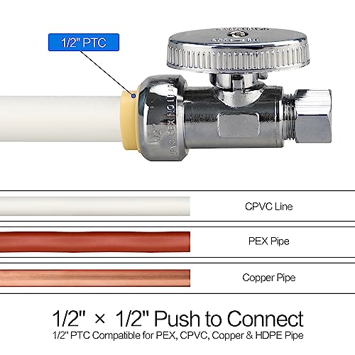 PXZBLG Stop Valves, 1/2" × 3/8" Straight Stop Valve, 1/2" PTC Input, 3/8" OD Compression Output, Push to Connect, 1/4 Turn, Chrome Plated Brass for Faucet, Toilet Valves, No Lead - Image 4