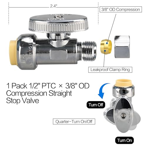 PXZBLG Stop Valves, 1/2" × 3/8" Straight Stop Valve, 1/2" PTC Input, 3/8" OD Compression Output, Push to Connect, 1/4 Turn, Chrome Plated Brass for Faucet, Toilet Valves, No Lead - Image 2