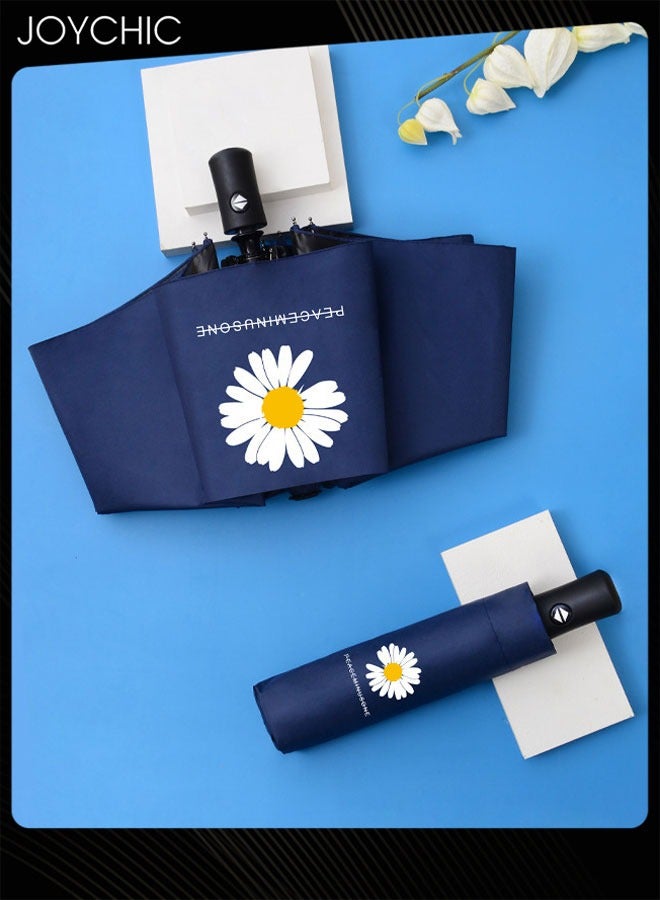 Joychic مظلة واقية من الشمس ضد الأشعة فوق البنفسجية مقاومة للماء بنمط الأقحوان باللون الأسود، مظلة مطر مزدوجة الاستخدام - Image 1