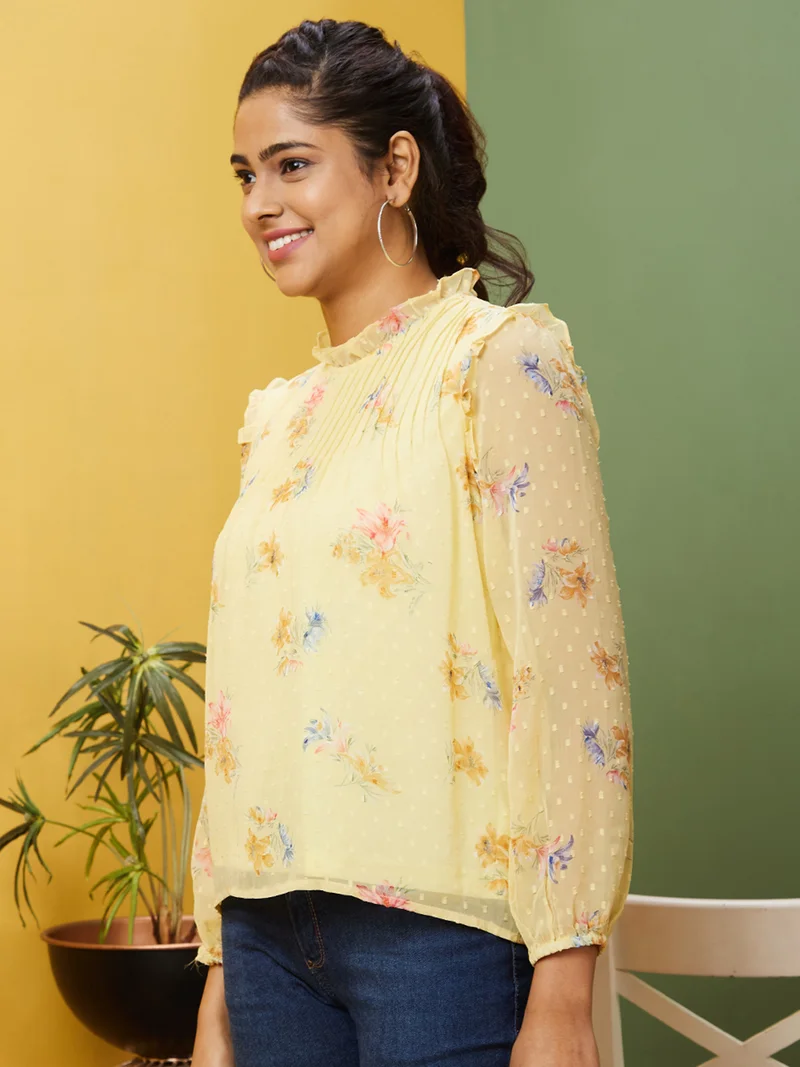 globus Women Floral Printed Frilled Georgette Top