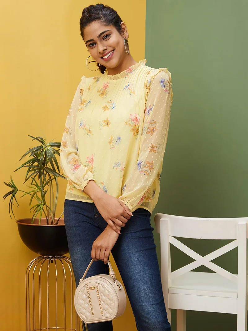 globus Women Floral Printed Frilled Georgette Top