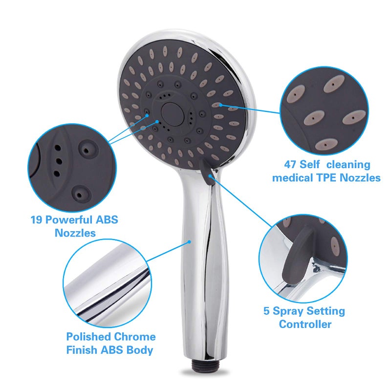 Briout High Pressure Handheld Shower Head Briout 5-Settings Powerful Water Spray Shower Head against Low Pressure Water Flow with Stainless Hose and Adjustable Mount - Image 4