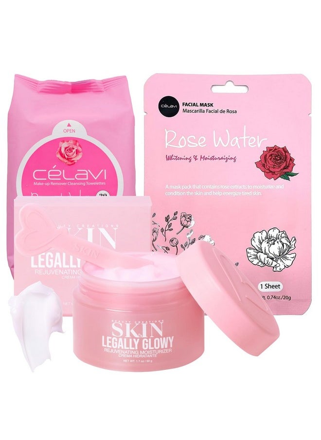 Glam Lux Bundle Of 3 Korean Skincare Vegan Beauty Creations Legally Glowy Rejuvenating Moisturizer, Célavi Korean Makeup Remover Cleansing Wipes & Korean Facial Mask Paraben, Sulfate & Oil Free  - Image 1