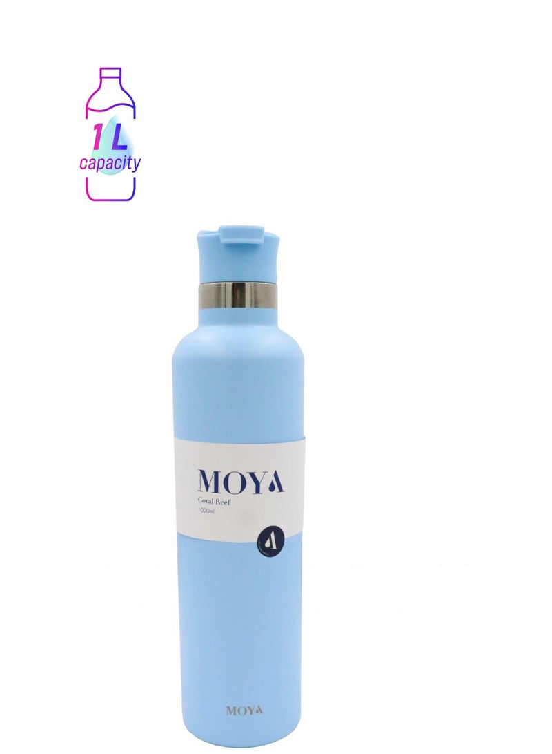 Moya "Coral Reef" 1L Insulated Sustainable Water Bottle Powder Blue Spout Lid - Image 1
