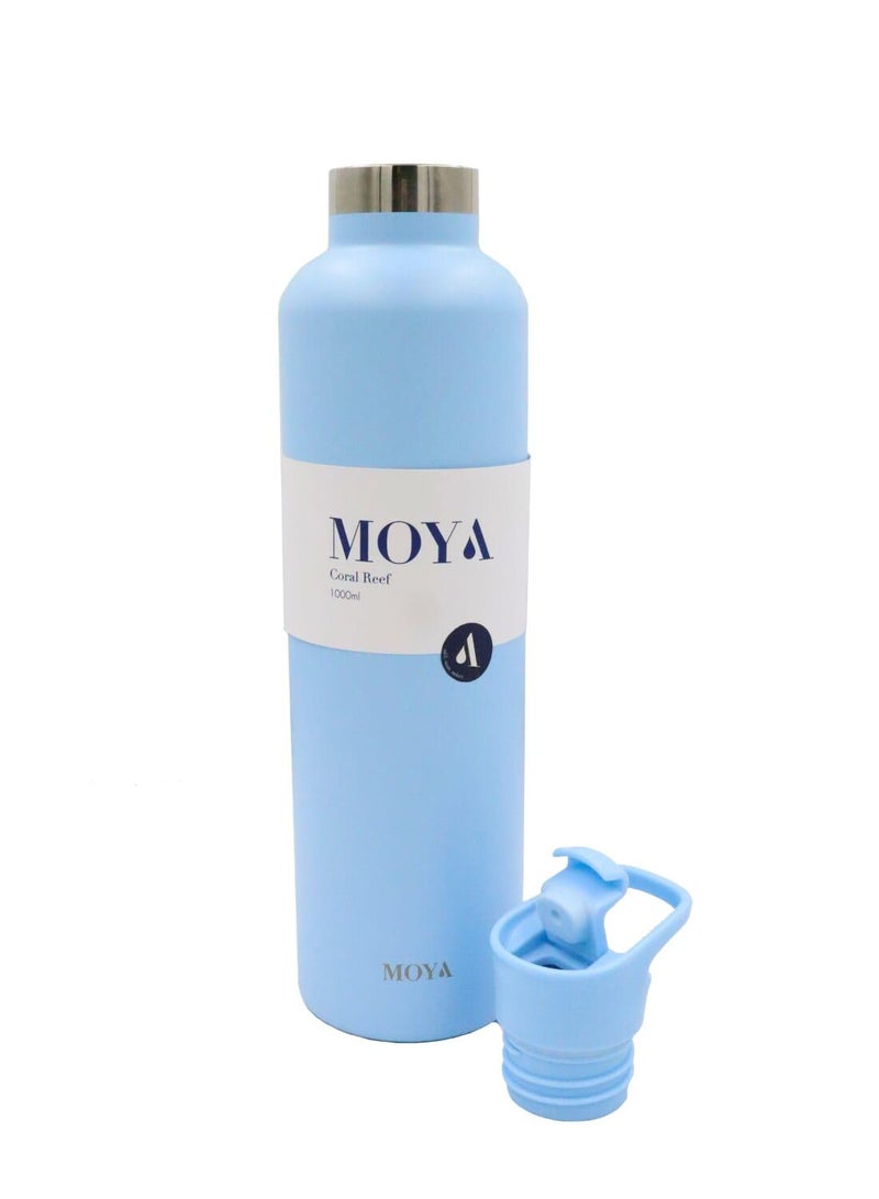 Moya "Coral Reef" 1L Insulated Sustainable Water Bottle Powder Blue Spout Lid - Image 4