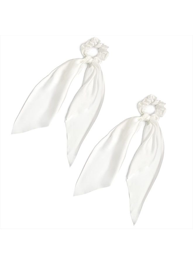 LFOUVRE Pack of 2 Knotted Bow Hair Scrunchies Elastic Hair Scarf Hair Ties Bands Silky Satin Hair Ribbon Scrunchy Ponytail Holder for Women and Girls (White) - Image 1