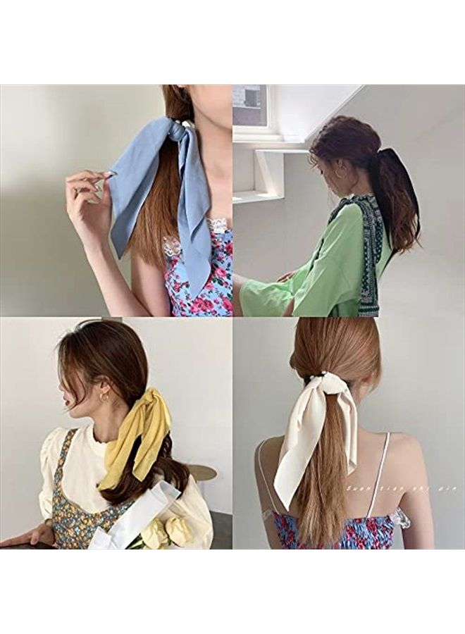 LFOUVRE Pack of 2 Knotted Bow Hair Scrunchies Elastic Hair Scarf Hair Ties Bands Silky Satin Hair Ribbon Scrunchy Ponytail Holder for Women and Girls (White) - Image 5