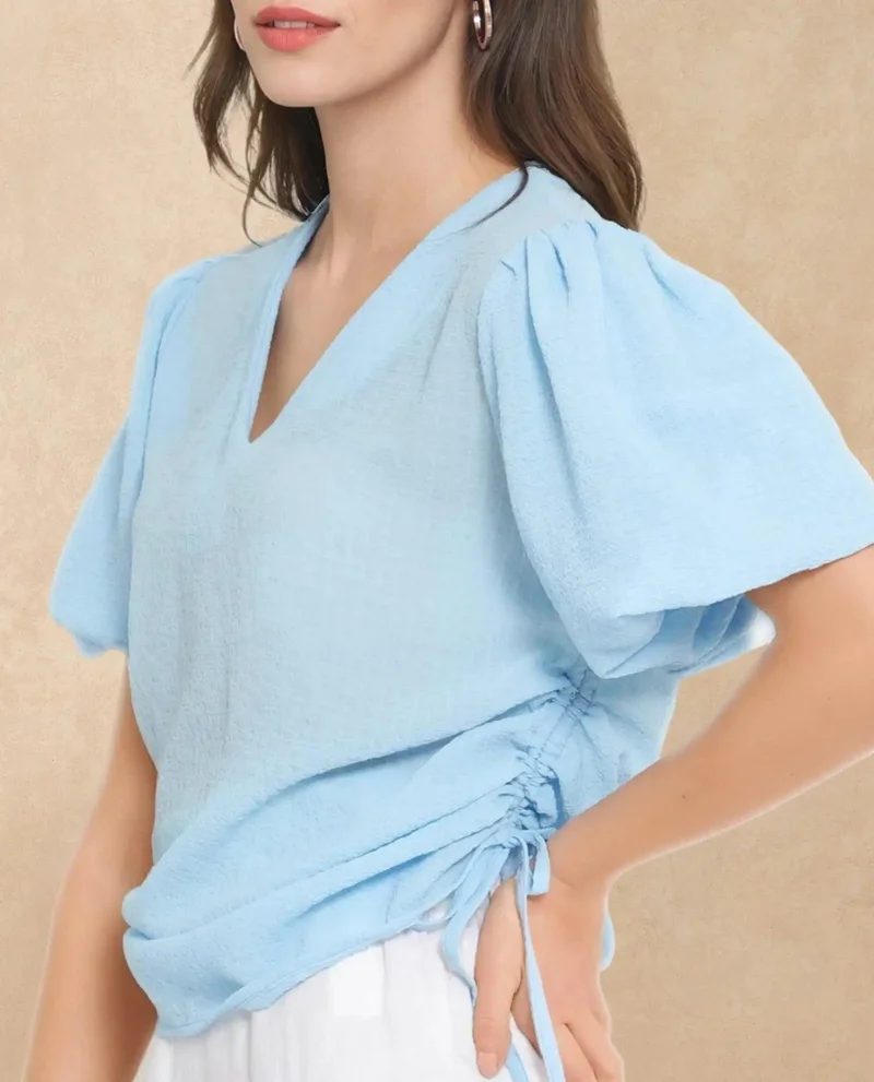 Rareism Women's Balloon Sleeve V-Neck Plain Top