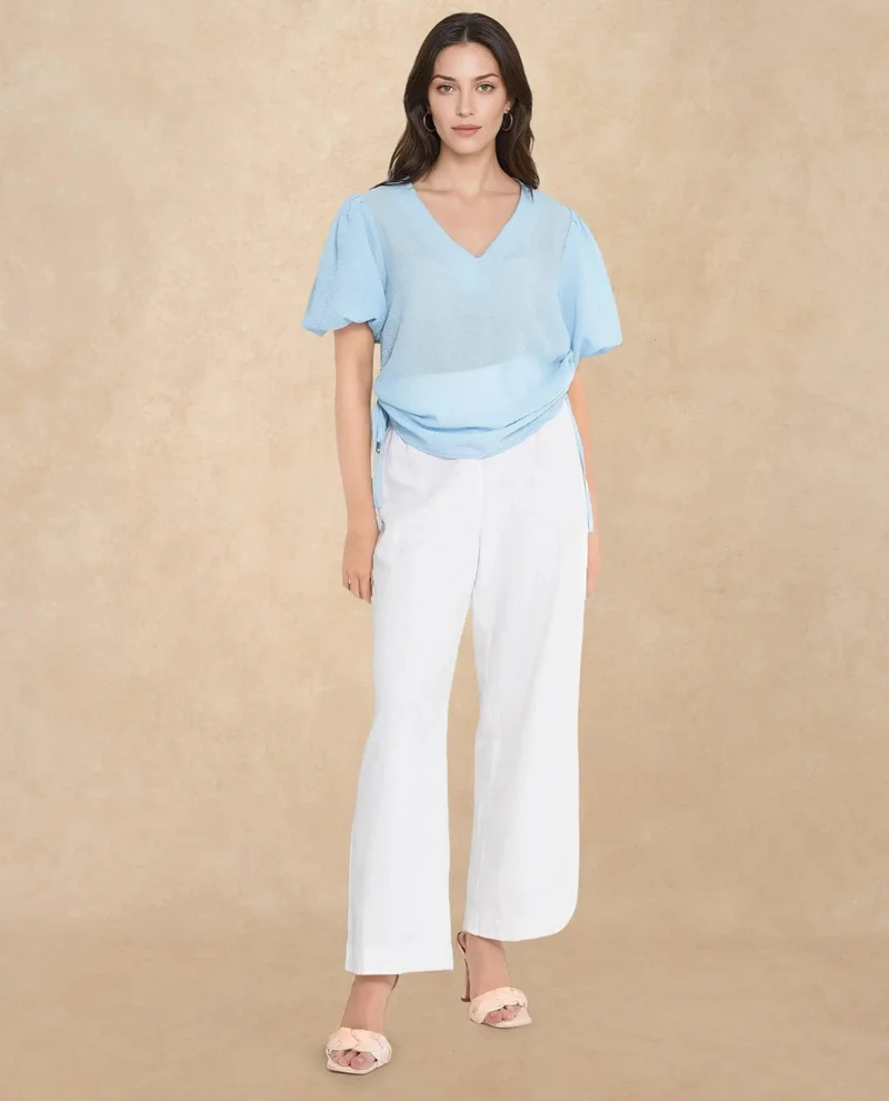 Rareism Women's Balloon Sleeve V-Neck Plain Top