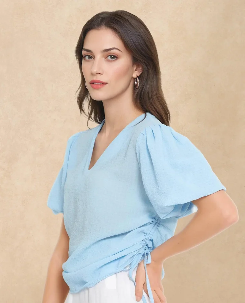 Rareism Women's Balloon Sleeve V-Neck Plain Top