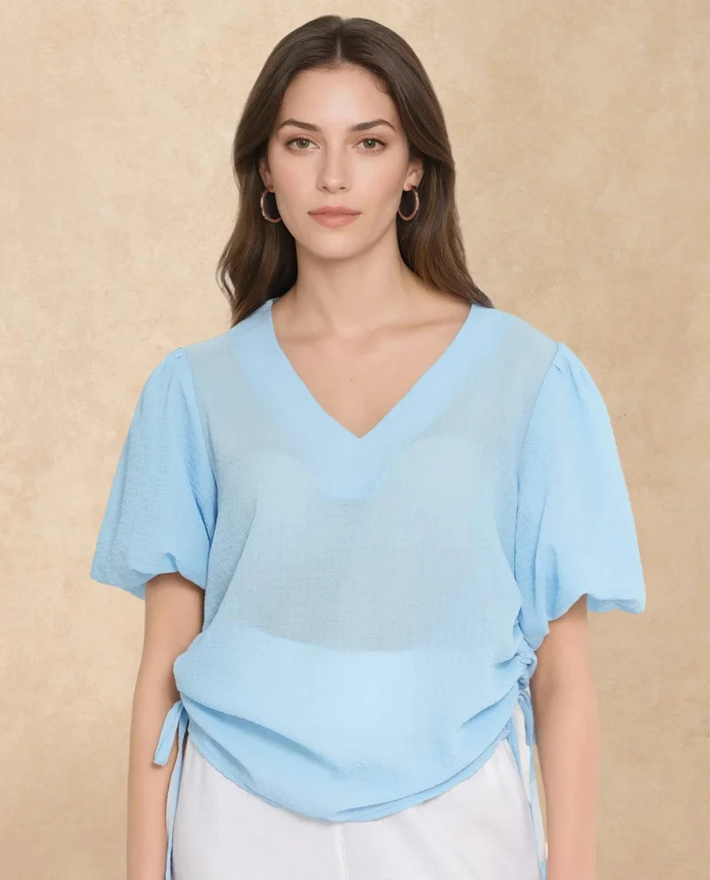 Rareism Women's Balloon Sleeve V-Neck Plain Top