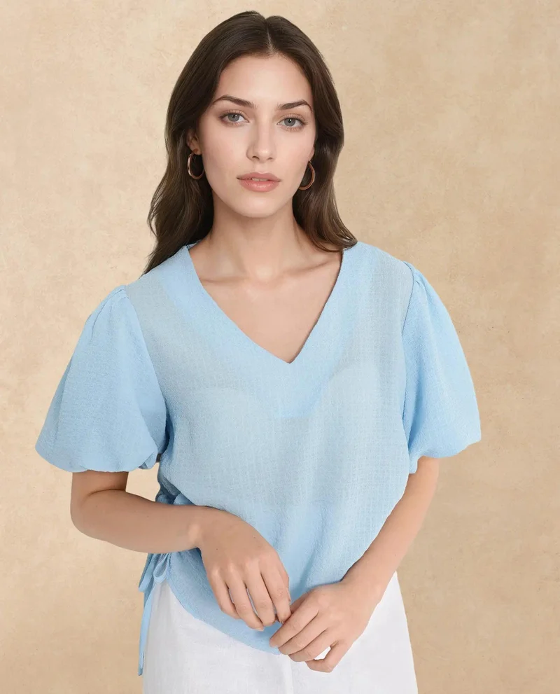 Rareism Women's Balloon Sleeve V-Neck Plain Top