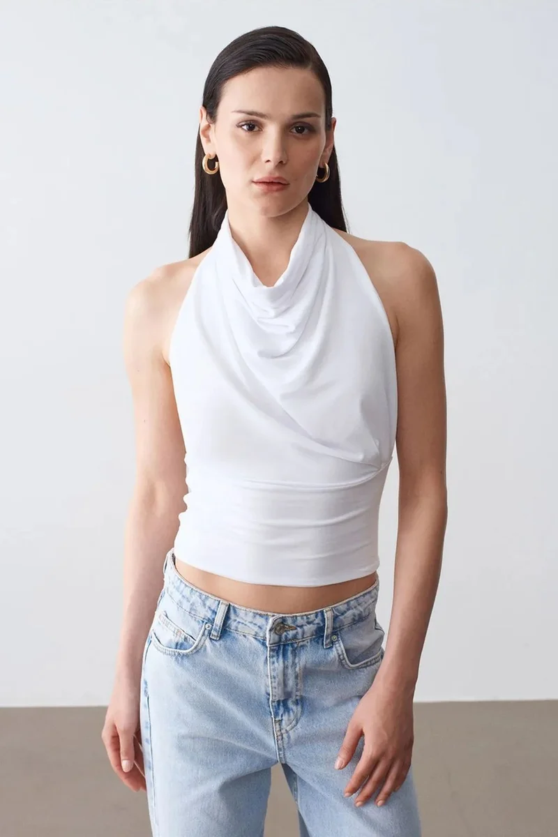 DILVIN Fitted Sleeveless Cowl Neck Blouse