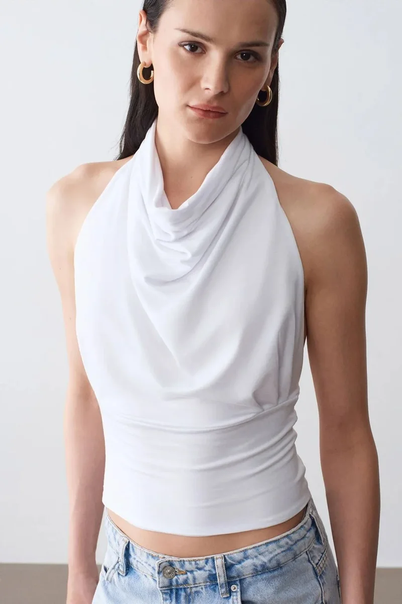 Dilvin White DILVIN Fitted Sleeveless Cowl Neck Blouse for Women | Best Price UAE