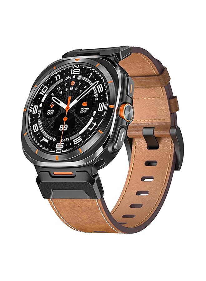 O Ozone Leather Bands Compatible with Samsung Galaxy Watch 7 Ultra Bands 47mm, Sturdy Stainless Steel Metal Connector Strap for Samsung Watch Ultra 7 for Men Women - Brown 