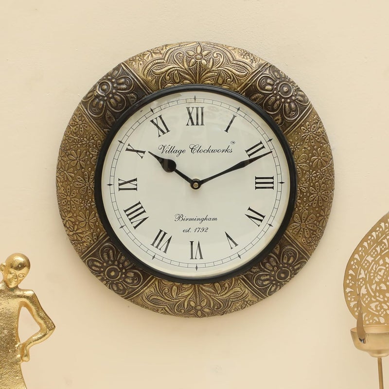vedas Multicolor Zeya Heritage Wooden Polished and Brass Metal Fit Wall Clock with Dial Sculpture Wall Clock for Living Room Bedroom Dining Room Hallway Home Decor Size 12 X 12 Inches - Image 1