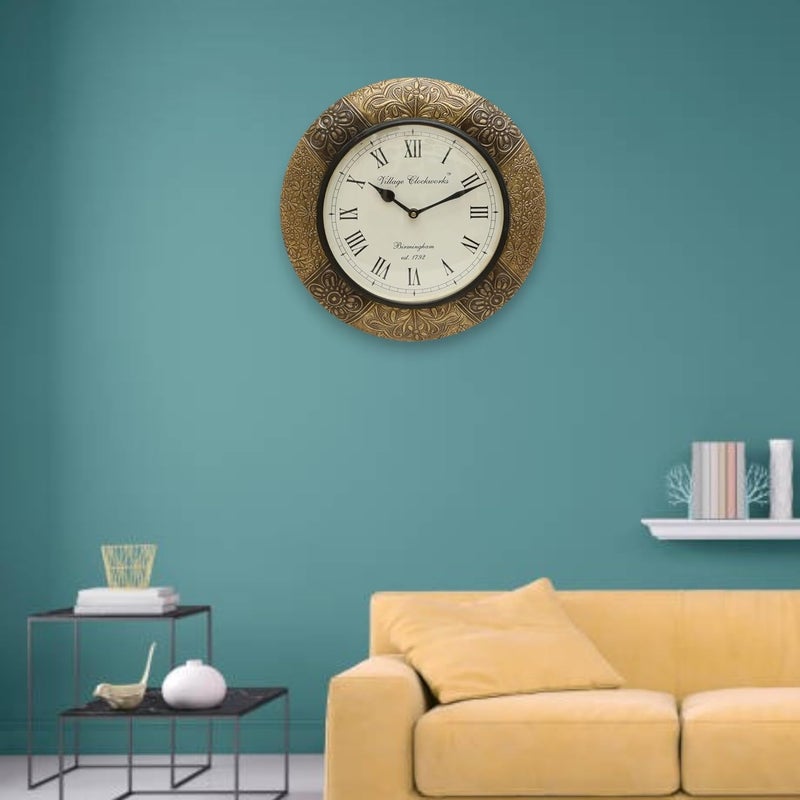 vedas Multicolor Zeya Heritage Wooden Polished and Brass Metal Fit Wall Clock with Dial Sculpture Wall Clock for Living Room Bedroom Dining Room Hallway Home Decor Size 12 X 12 Inches - Image 5