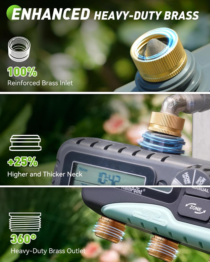 RAINPOINT 3 Zone Water Timer with Brass Inlet & Outlet, 3 Custom Watering Plans Sprinkler Timer, Featuring IP65 Waterproof,Rain Delay, Manual & Automatic Watering with Large LCD for Yard, 2026 Ver. - Image 2