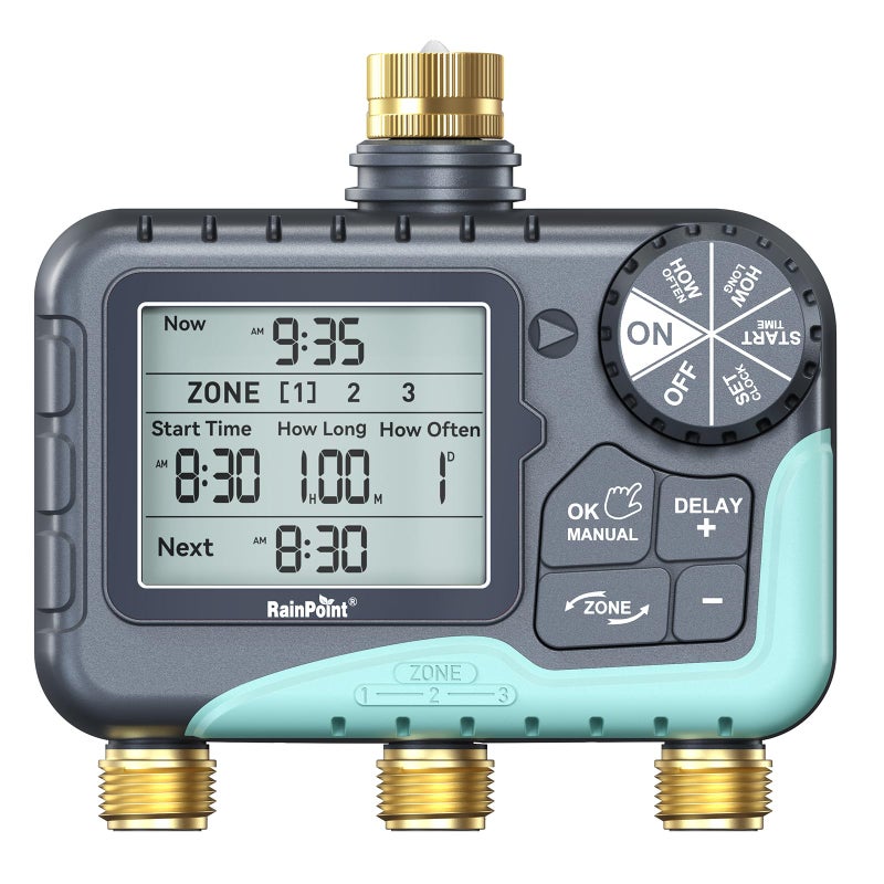 RAINPOINT 3 Zone Water Timer with Brass Inlet & Outlet, 3 Custom Watering Plans Sprinkler Timer, Featuring IP65 Waterproof,Rain Delay, Manual & Automatic Watering with Large LCD for Yard, 2026 Ver. - Image 1